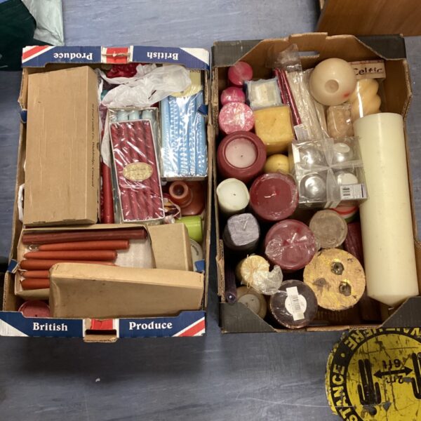 Vintage candle lot with red, white, and gold pillar candles.