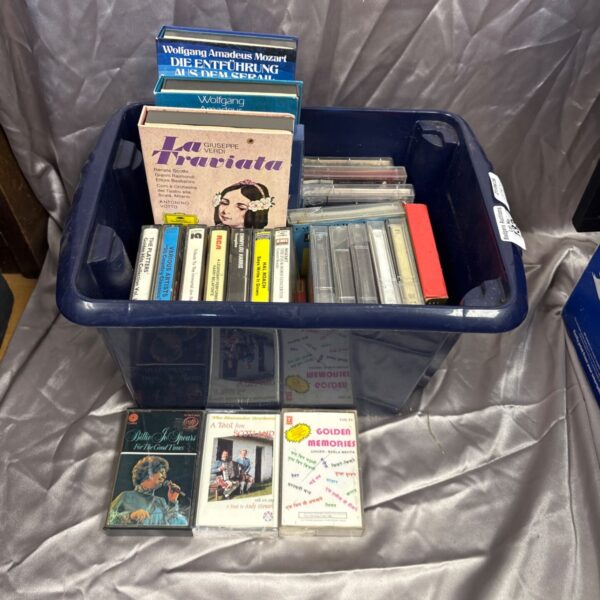 Vintage music cassette collection featuring Mozart and Verdi tapes.