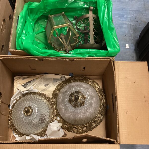 Vintage ceiling light fixture with gilt and frosted glass shades.