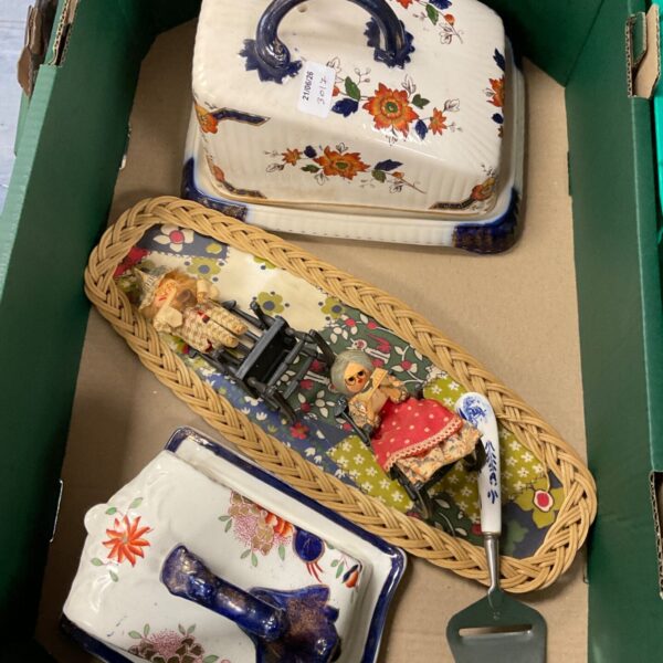 Vintage ceramic cheese keeper with floral design and sandwich tray.