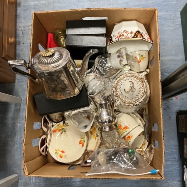 Vintage china plates, cups, saucers and silver plated teapot in a box.