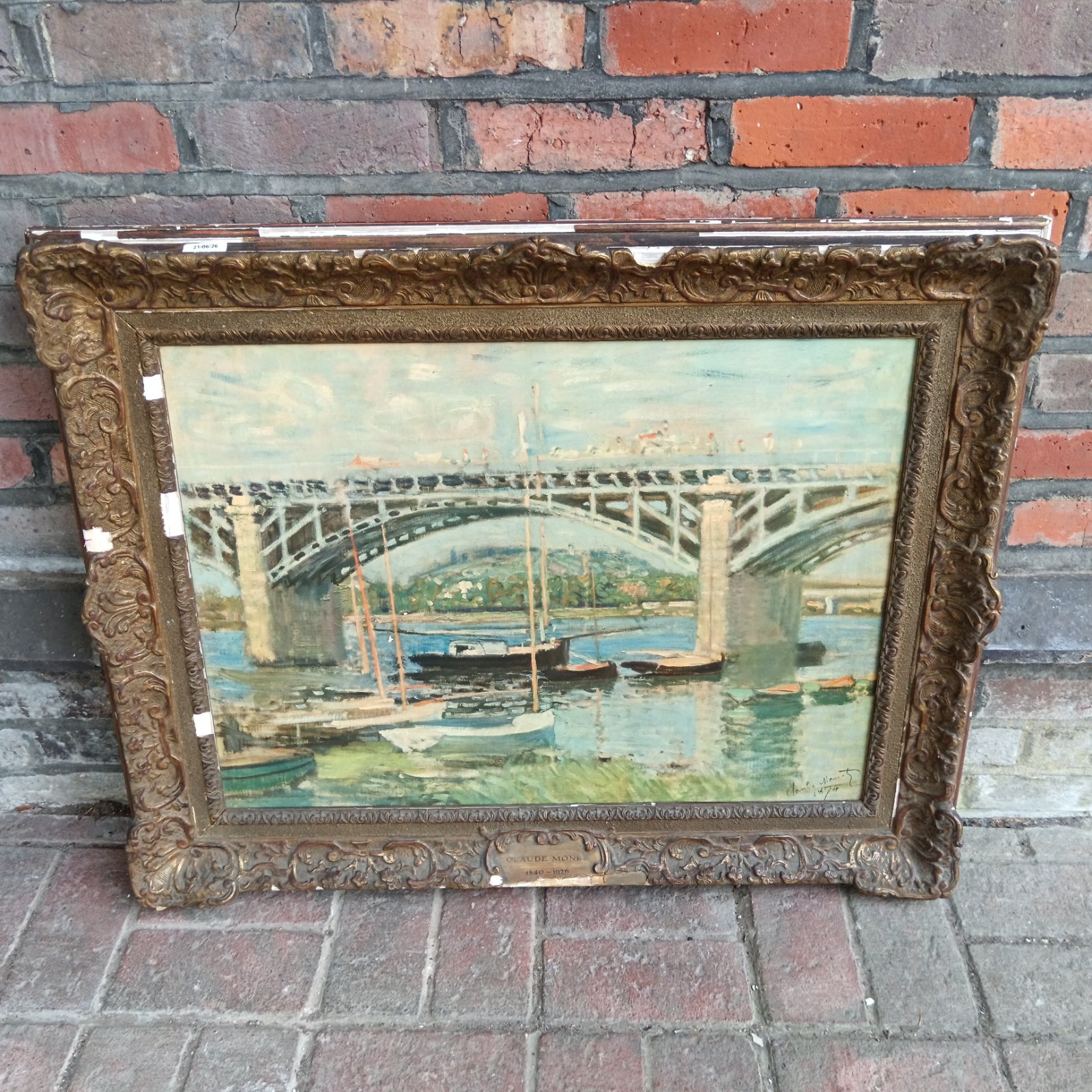 Vintage Claude Monet print in ornate gesso frame, landscape scene.