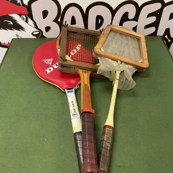 Three vintage Dunlop badminton rackets in a lot.