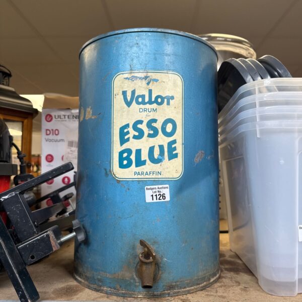 Vintage Esso Blue paraffin drum, collectible metal container.