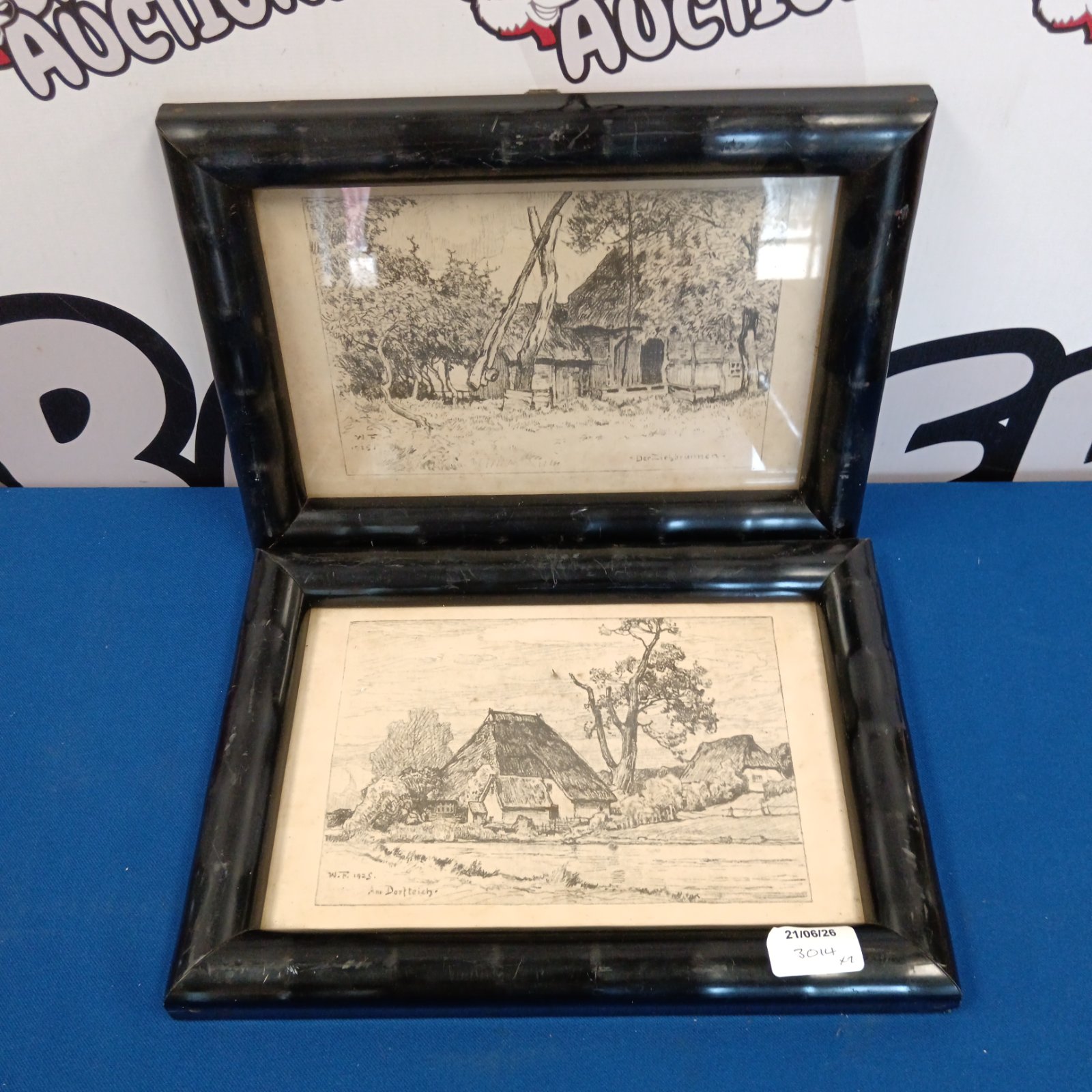 Vintage farmhouse etching titled "Am Dorfteich" signed W.F. 1925.