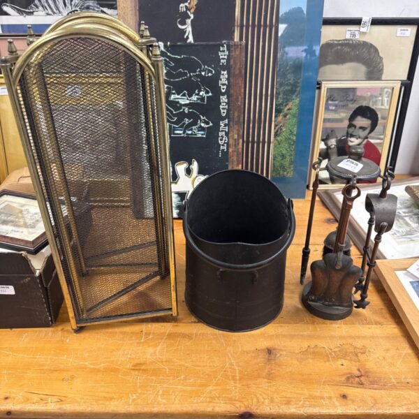Vintage fireside companion set with folding screen and ash bucket.