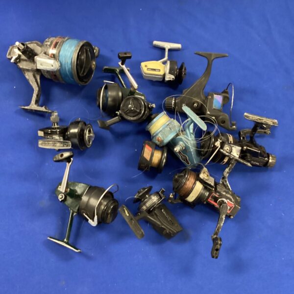 Vintage fishing reels bundle for coarse fishing, showing wear.