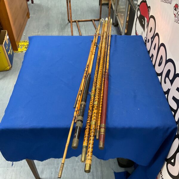 Vintage fishing rods lot, antique bamboo and fibreglass fishing tackle.