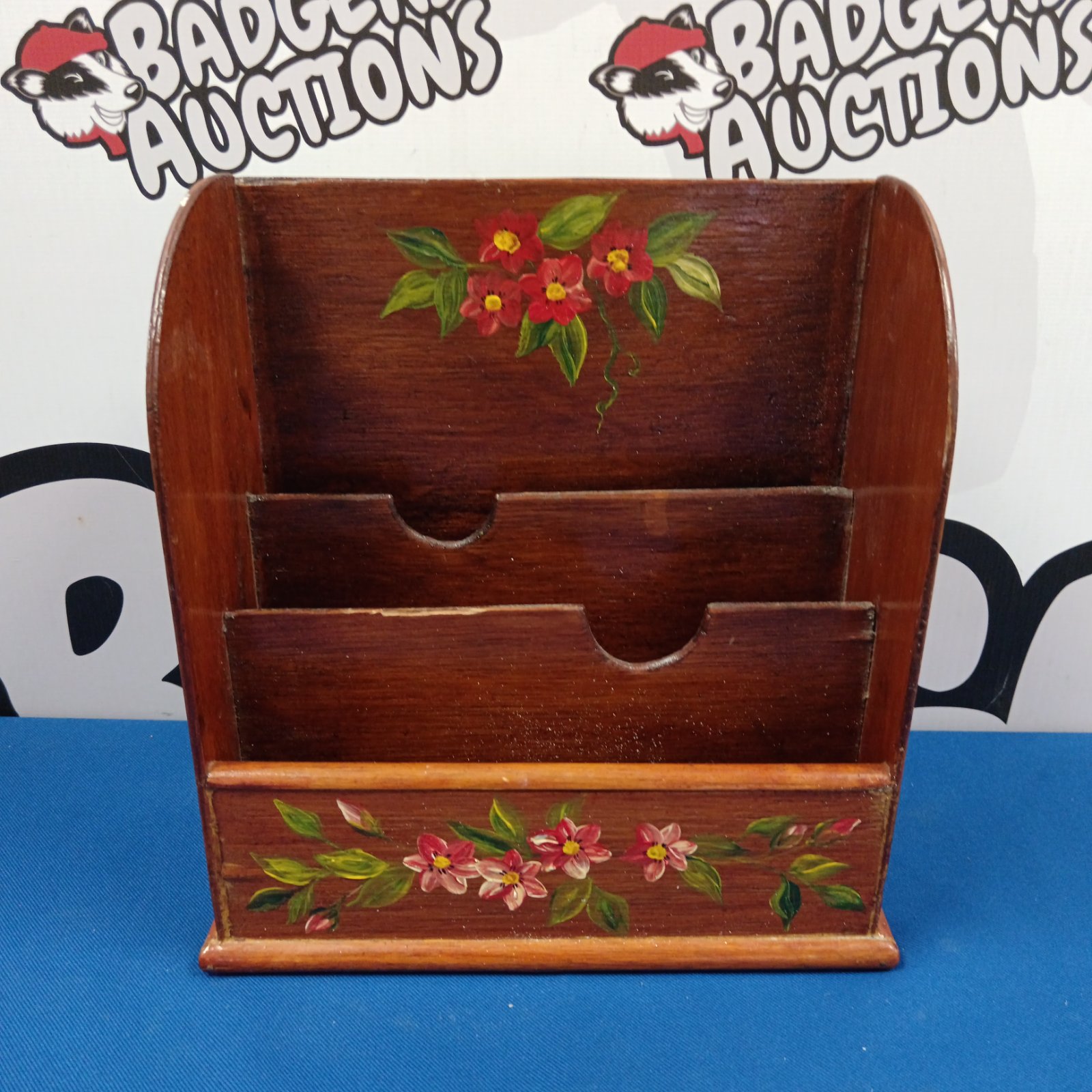 Vintage floral letter rack, hand-painted wooden desk tidy.