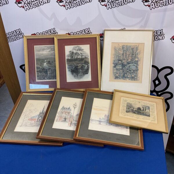 Vintage French cityscape prints, antique Paris street scene.