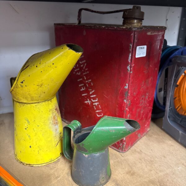 Vintage fuel and oil cans lot, including SM & BP Ltd can.