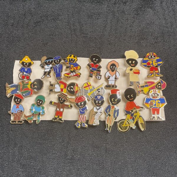 Vintage golly pin badges collection, colourful enamel character pins.