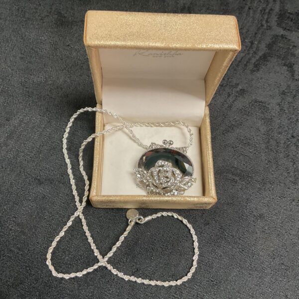 Vintage handbag necklace in original presentation box, retro jewellery.