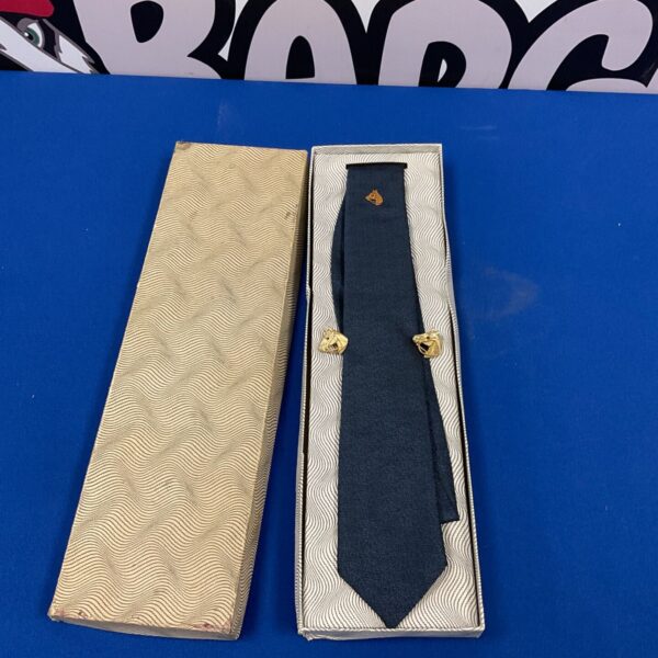 Vintage navy blue horse motif tie with coordinating cufflinks.