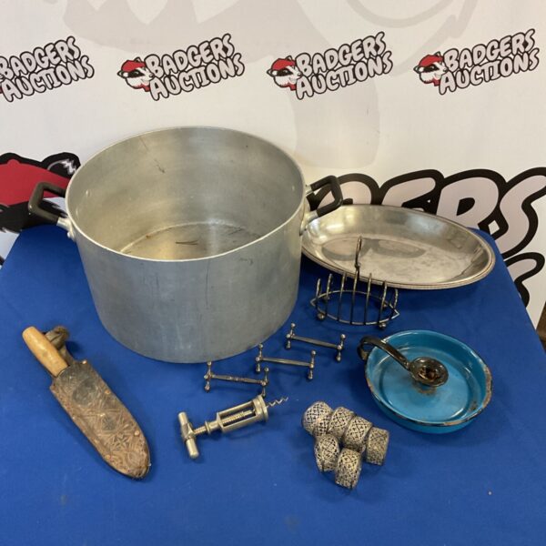 Vintage kitchenalia lot including aluminium pot and silver plate dish.