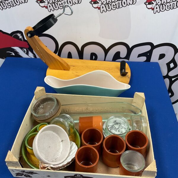 Vintage kitchenalia lot with ham hook and ceramic bowls.