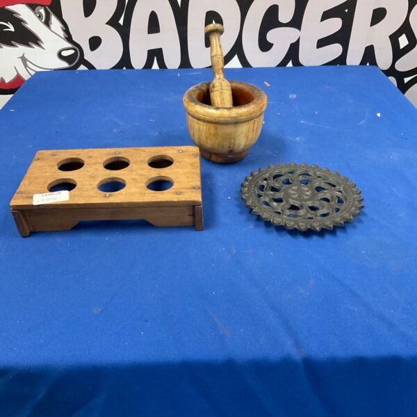 Vintage wooden morse and pestle with egg holder and pan stand.