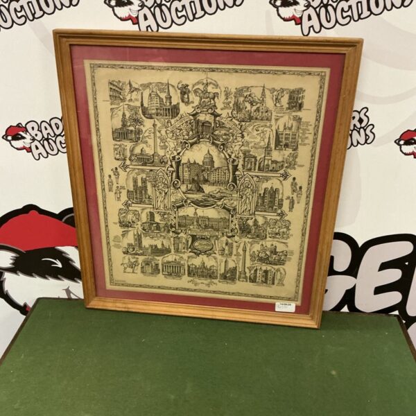 Framed vintage print of historical London cityscape with iconic landmarks.