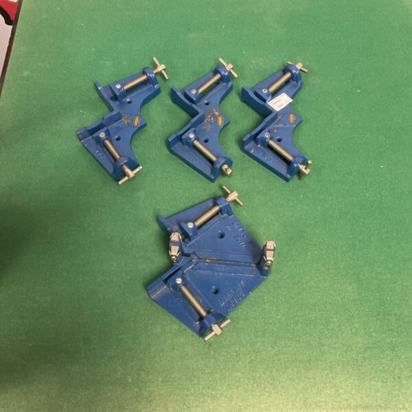 Vintage blue Marples No. 6808 mitre clamps for woodworking.