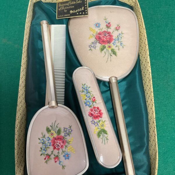 Vintage Mascot dressing table set with floral enamel detailing in original box.