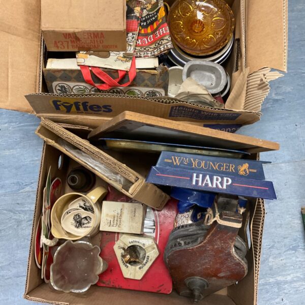 Vintage mixed lot of ashtrays, lighters, and kitchen dishes.