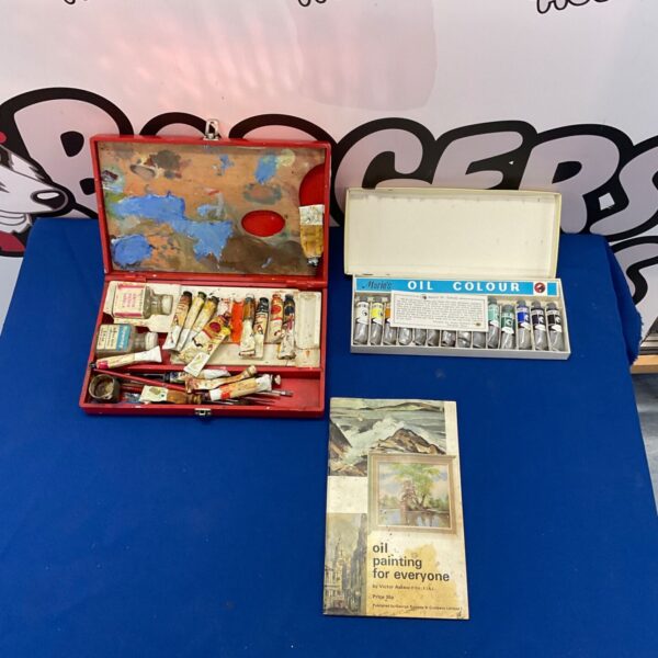 Vintage oil paint sets and "Painting for Everyone" book, collectible art supplies.