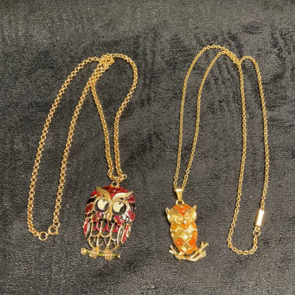 Close-up of a vintage owl pendant necklace with detailed feather design.