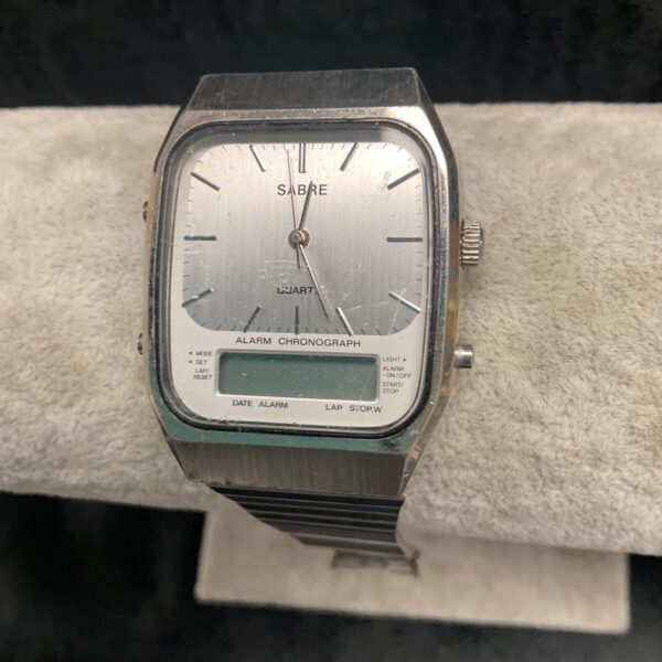 Vintage Sabre chronograph watch with alarm and stopwatch functions.