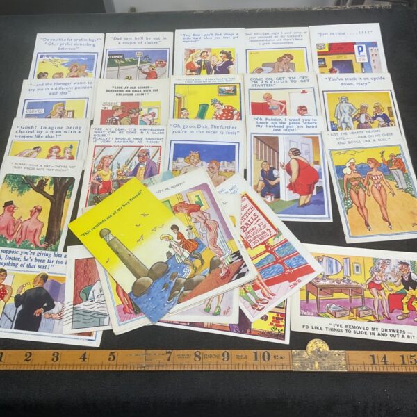 Vintage seaside saucy postcards with humorous illustrations.