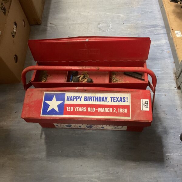 Vintage red toolbox with Texas flag birthday design.