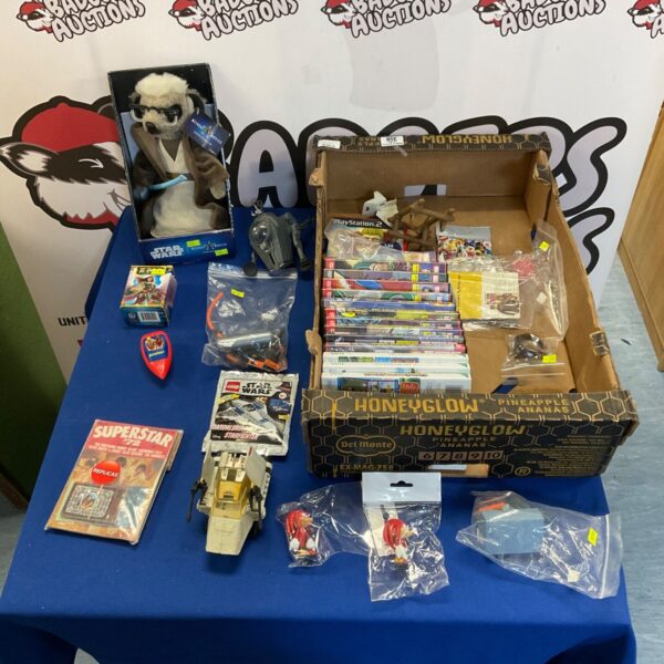 Mixed vintage toy lot including Star Wars, Action Man, and DVDs.