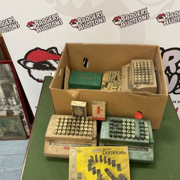 Vintage toy lot featuring a till, playing cards, and dominoes.