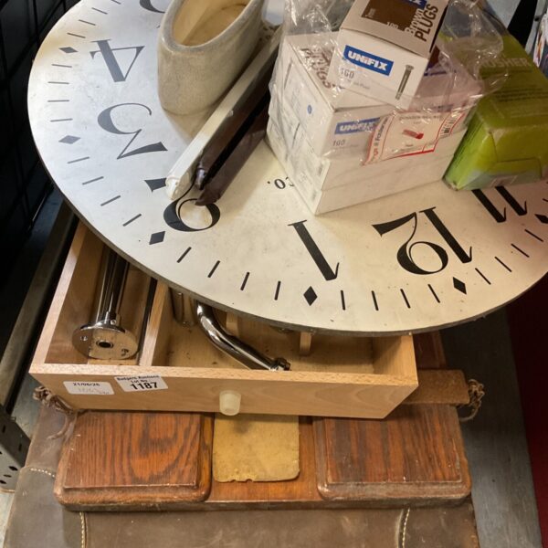 Vintage trunk and large clock face in a mixed lot.