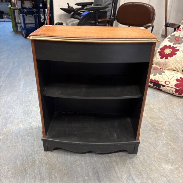 Vintage two tier storage unit with curved front and wood finish.