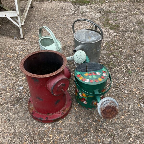 Vintage watering cans and a red hydrant planter in a garden setting.