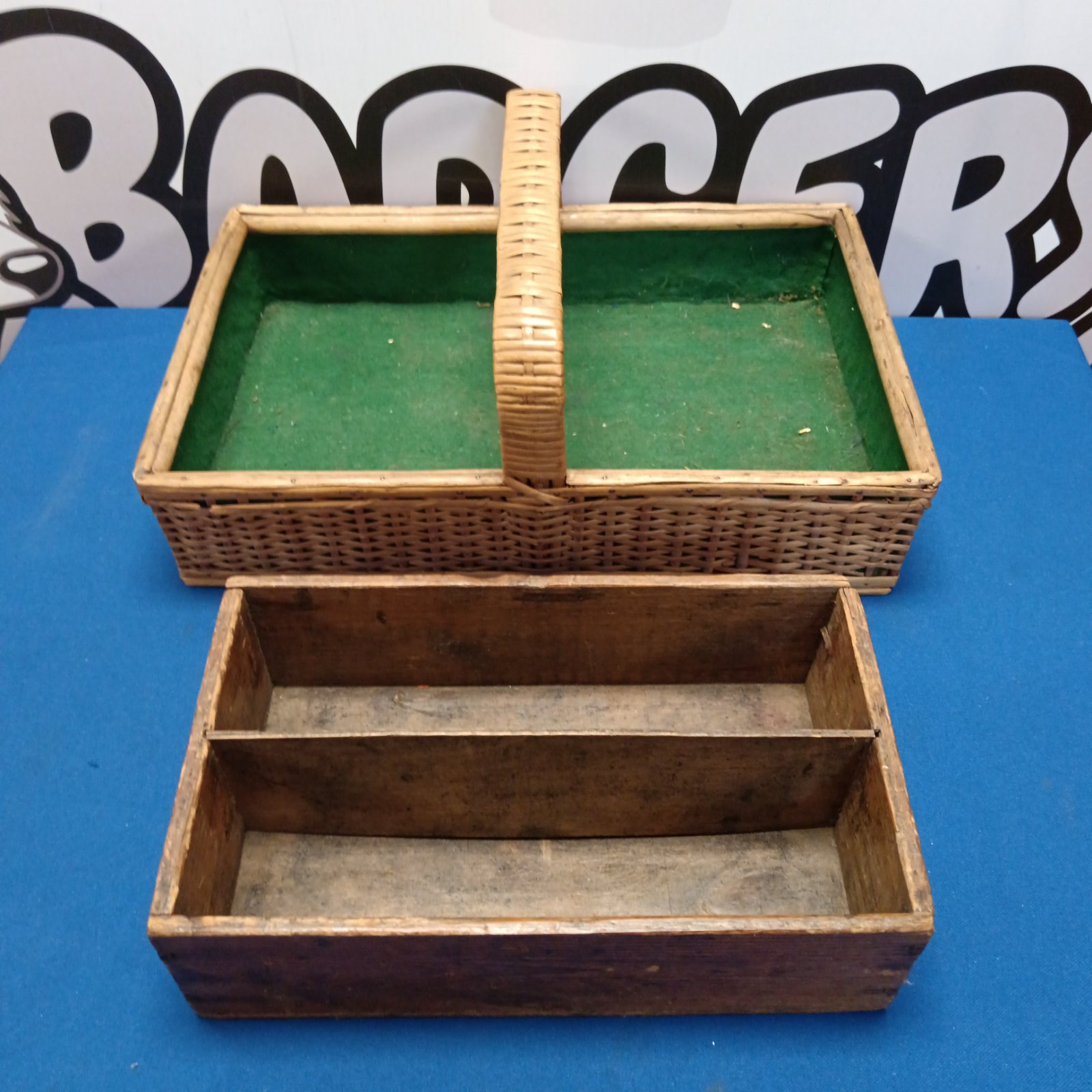 Vintage wicker trug basket with wooden cutlery tray inside.