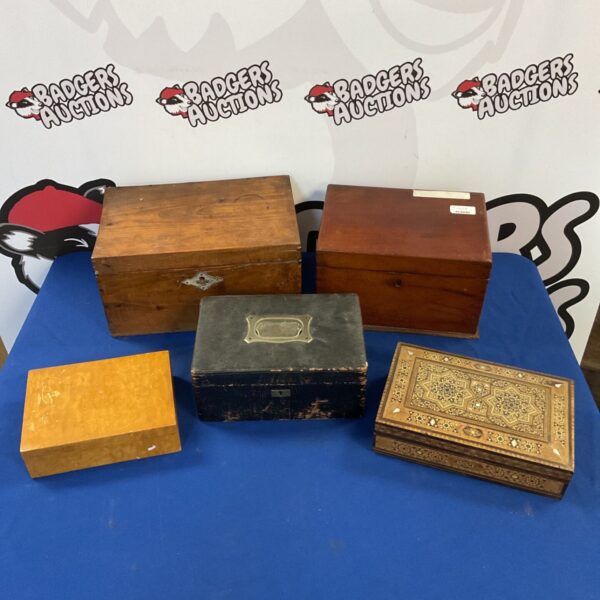 Lot of five vintage wooden boxes, including an inlaid marquetry box.