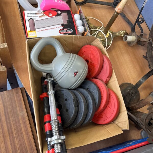 Vinyl exercise weights set with dumbbell bars for home fitness.