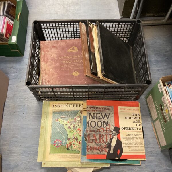 Vintage vinyl records lot in a plastic crate, opera collection.