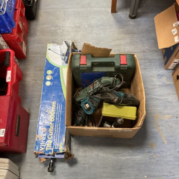 Vitrex 600mm tile cutter with a box of assorted power tools.