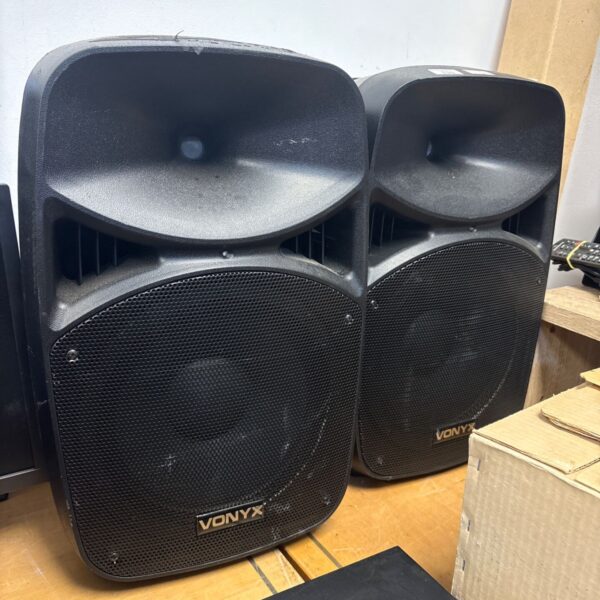 Pair of Vonyx VPS152A 15 inch PA speakers for sound reinforcement.
