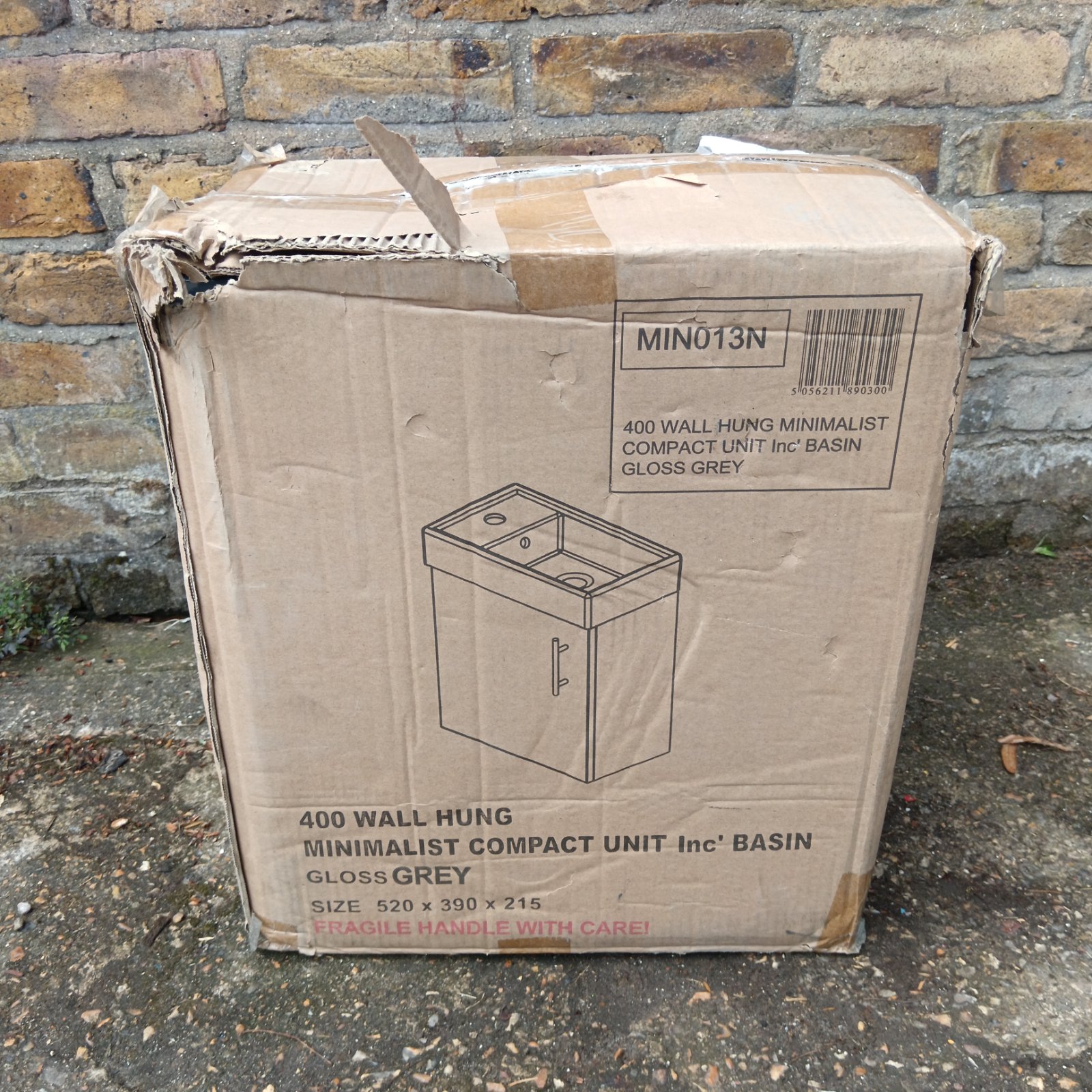 Unboxed wall hung basin unit, model MIN013N, ready for renovation.