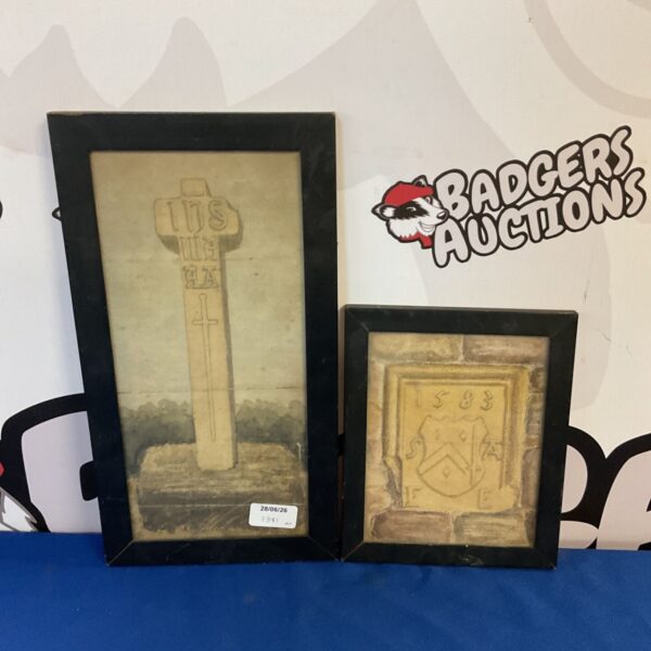 Antique 1858 watercolour painting of a heraldic crest and medieval monument.
