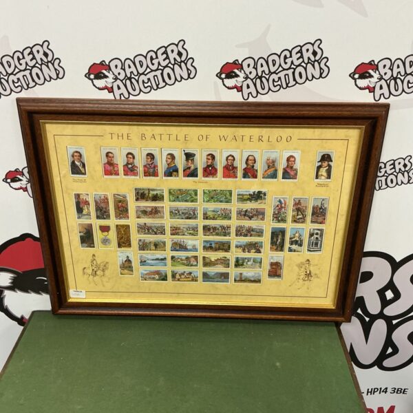 Framed vintage cigarette card collection of the Battle of Waterloo.