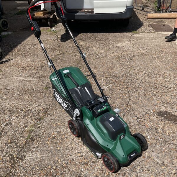 Webb Eco battery lawnmower in a garden setting.