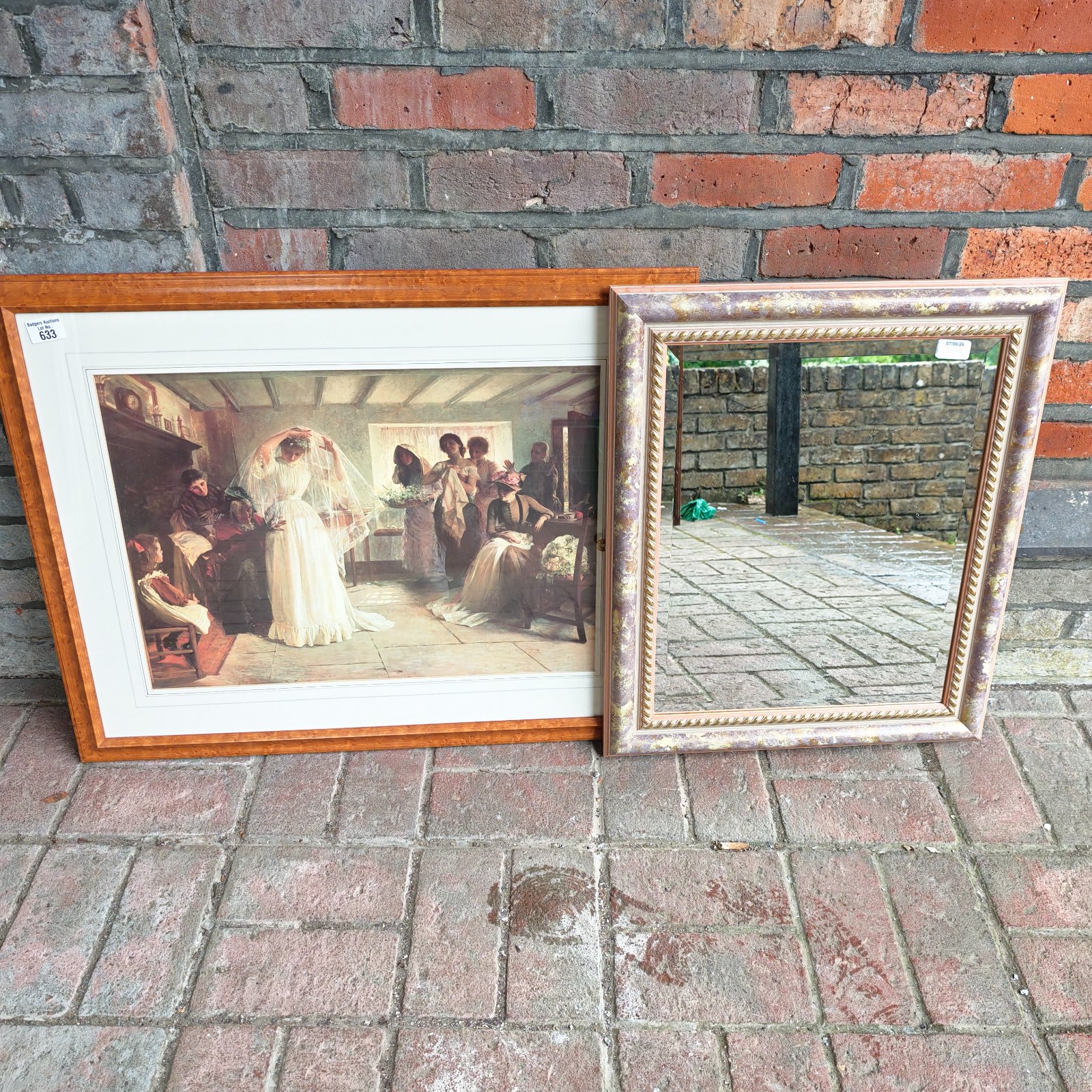 Vintage wedding day print and decorative framed mirror set for wall decor.