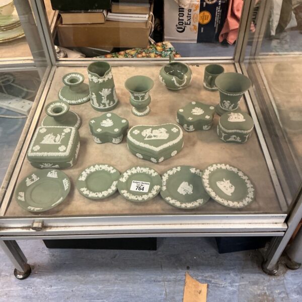 Wedgwood jasperware collection of green trinket pots and jugs.