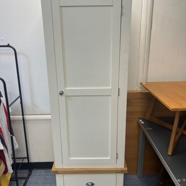 White painted single wardrobe with oak top and chrome handle.