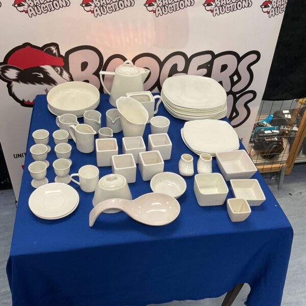 White Linea Bone China tableware collection on display.