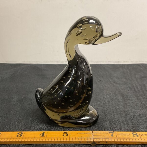Vintage Whitefriars Dilly duck in smokey grey bubble glass.